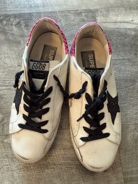Golden Goose White Leather Sneakers with Black Star and Pink Snake-Print Heel